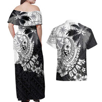 Hafa Adai Guam Couples Matching Off Shoulder Maxi Dress and Hawaiian Shirt Polynesian Palm Tree Tattoo Hibiscus and Plumeria Art LT03 - Polynesian Pride