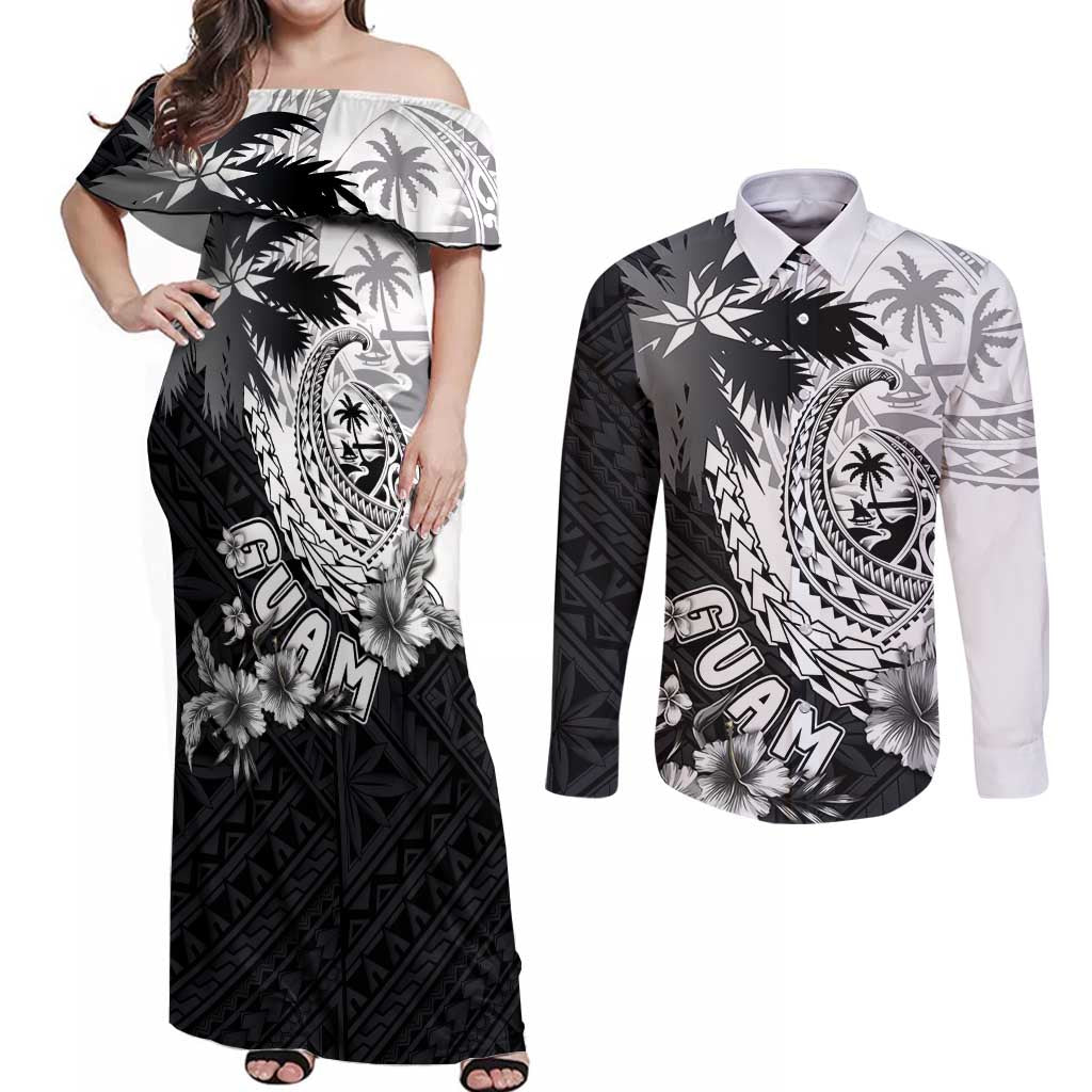 Hafa Adai Guam Couples Matching Off Shoulder Maxi Dress and Long Sleeve Button Shirt Polynesian Palm Tree Tattoo Hibiscus and Plumeria Art LT03 Black - Polynesian Pride
