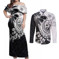 Hafa Adai Guam Couples Matching Off Shoulder Maxi Dress and Long Sleeve Button Shirt Polynesian Palm Tree Tattoo Hibiscus and Plumeria Art LT03 Black - Polynesian Pride
