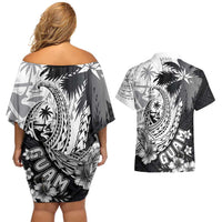 Hafa Adai Guam Couples Matching Off Shoulder Short Dress and Hawaiian Shirt Polynesian Palm Tree Tattoo Hibiscus and Plumeria Art LT03 - Polynesian Pride