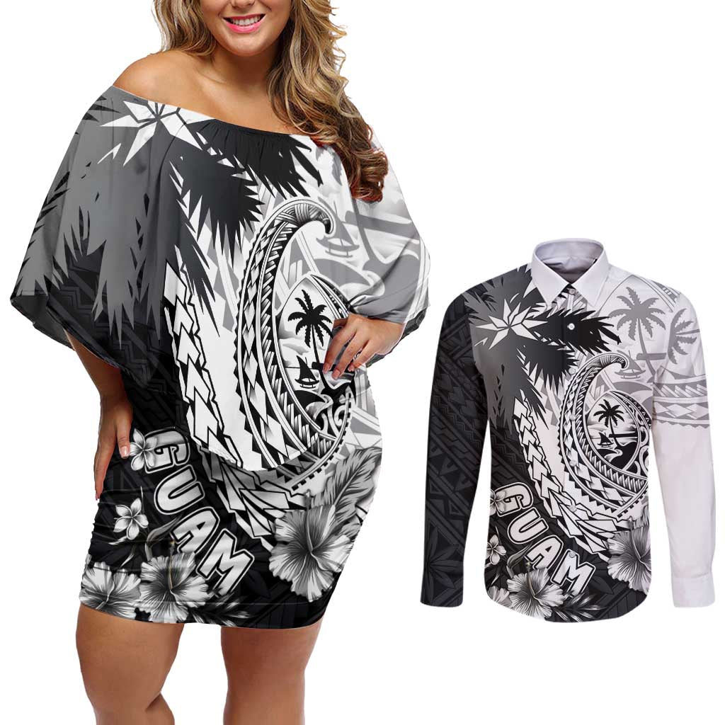 Hafa Adai Guam Couples Matching Off Shoulder Short Dress and Long Sleeve Button Shirt Polynesian Palm Tree Tattoo Hibiscus and Plumeria Art LT03 Black - Polynesian Pride