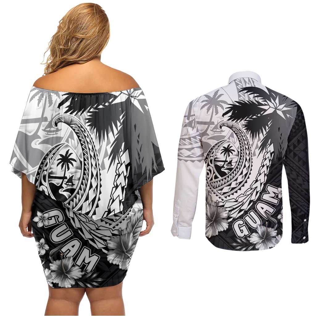 Hafa Adai Guam Couples Matching Off Shoulder Short Dress and Long Sleeve Button Shirt Polynesian Palm Tree Tattoo Hibiscus and Plumeria Art LT03 - Polynesian Pride