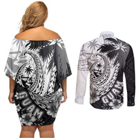 Hafa Adai Guam Couples Matching Off Shoulder Short Dress and Long Sleeve Button Shirt Polynesian Palm Tree Tattoo Hibiscus and Plumeria Art LT03 - Polynesian Pride