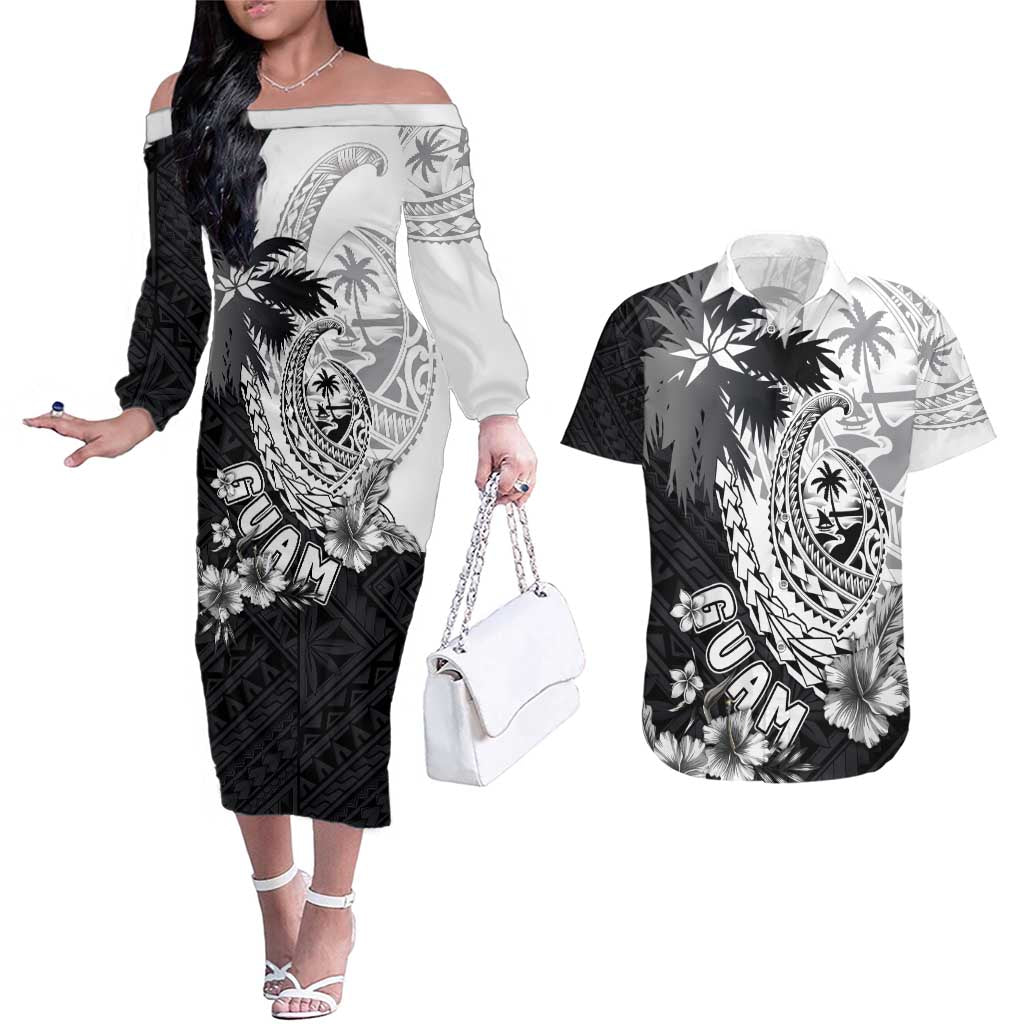 Hafa Adai Guam Couples Matching Off The Shoulder Long Sleeve Dress and Hawaiian Shirt Polynesian Palm Tree Tattoo Hibiscus and Plumeria Art LT03 Black - Polynesian Pride