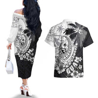 Hafa Adai Guam Couples Matching Off The Shoulder Long Sleeve Dress and Hawaiian Shirt Polynesian Palm Tree Tattoo Hibiscus and Plumeria Art LT03 - Polynesian Pride