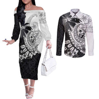 Hafa Adai Guam Couples Matching Off The Shoulder Long Sleeve Dress and Long Sleeve Button Shirt Polynesian Palm Tree Tattoo Hibiscus and Plumeria Art LT03 Black - Polynesian Pride