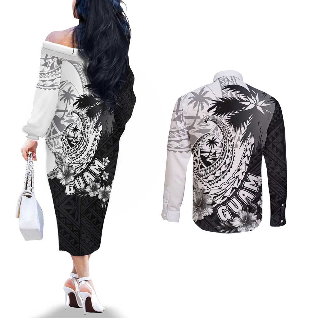 Hafa Adai Guam Couples Matching Off The Shoulder Long Sleeve Dress and Long Sleeve Button Shirt Polynesian Palm Tree Tattoo Hibiscus and Plumeria Art LT03 - Polynesian Pride