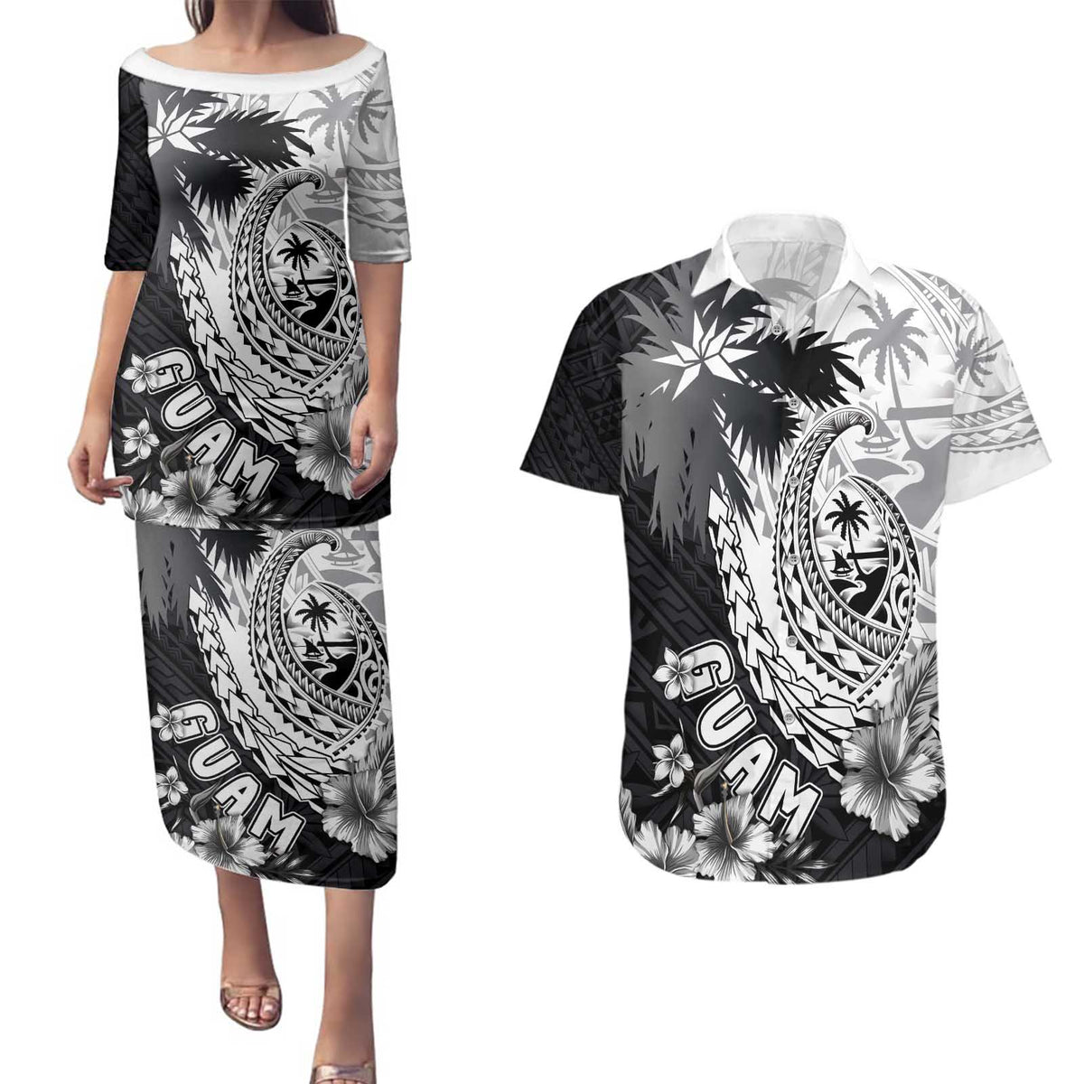 Hafa Adai Guam Couples Matching Puletasi and Hawaiian Shirt Polynesian Palm Tree Tattoo Hibiscus and Plumeria Art LT03 Black - Polynesian Pride