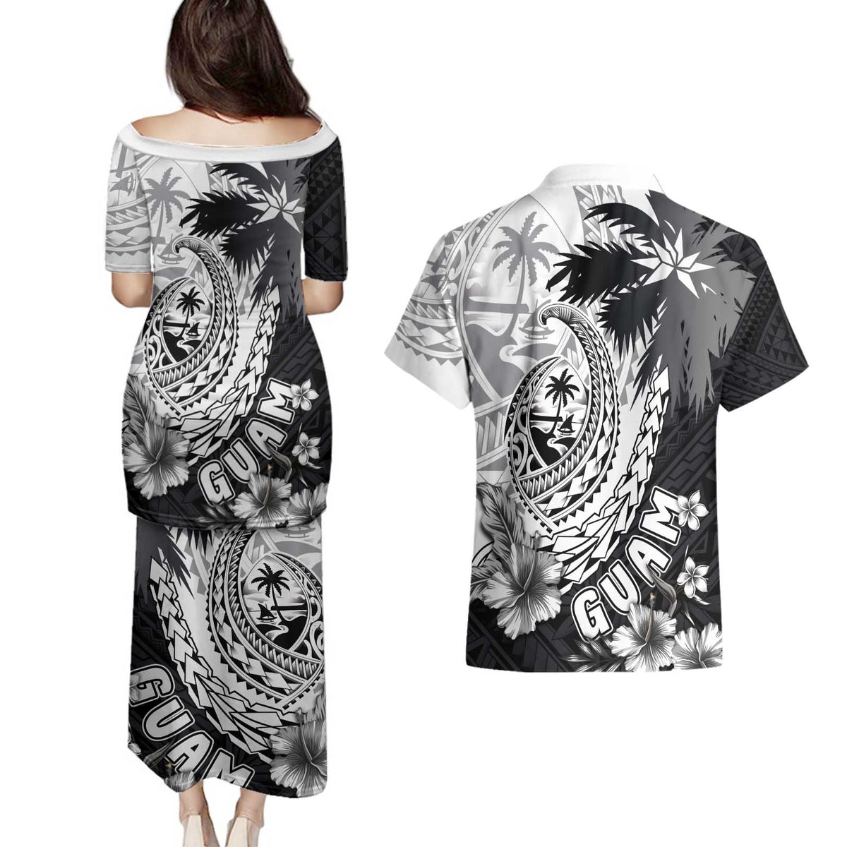 Hafa Adai Guam Couples Matching Puletasi and Hawaiian Shirt Polynesian Palm Tree Tattoo Hibiscus and Plumeria Art LT03 - Polynesian Pride