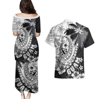 Hafa Adai Guam Couples Matching Puletasi and Hawaiian Shirt Polynesian Palm Tree Tattoo Hibiscus and Plumeria Art LT03 - Polynesian Pride