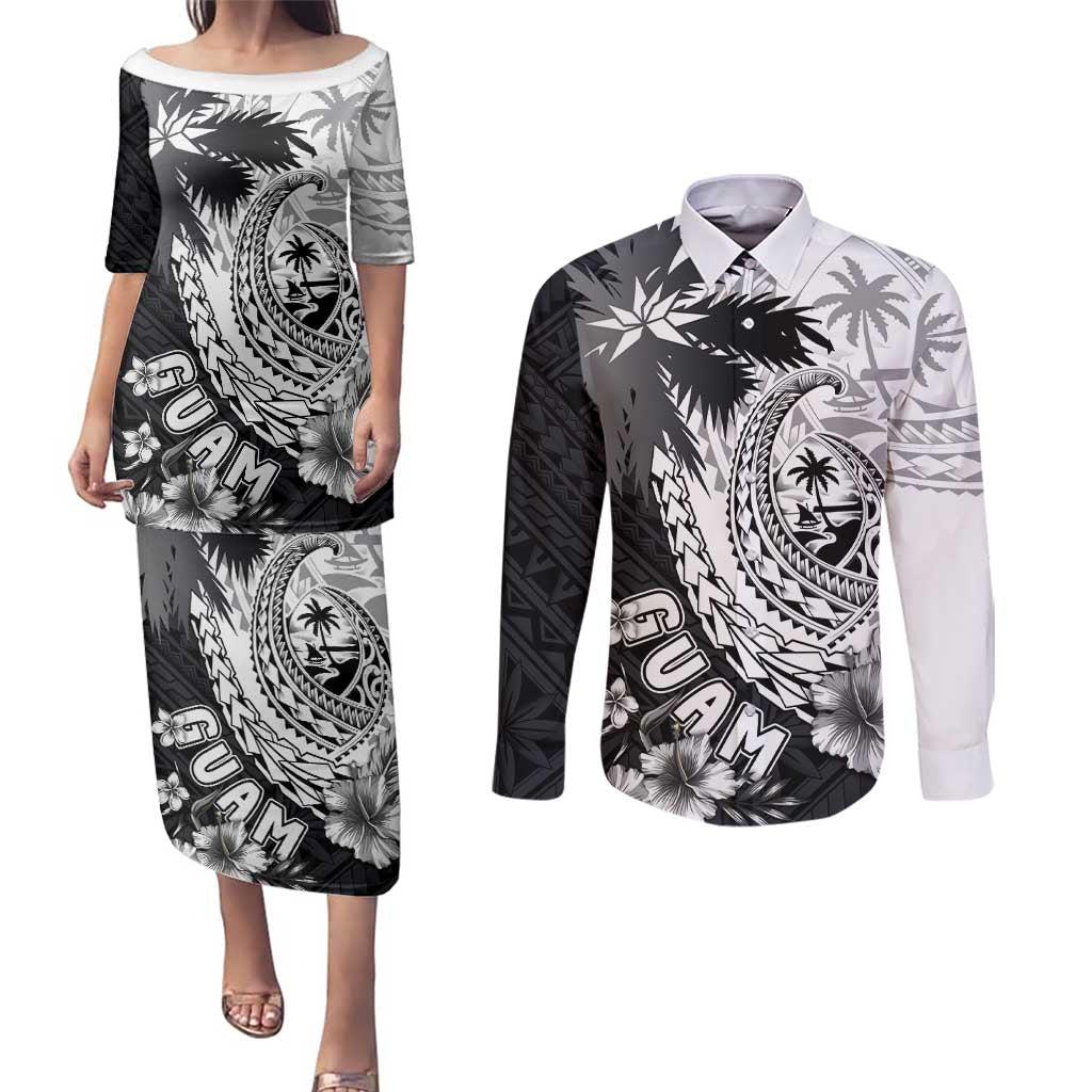 Hafa Adai Guam Couples Matching Puletasi and Long Sleeve Button Shirt Polynesian Palm Tree Tattoo Hibiscus and Plumeria Art LT03 Black - Polynesian Pride