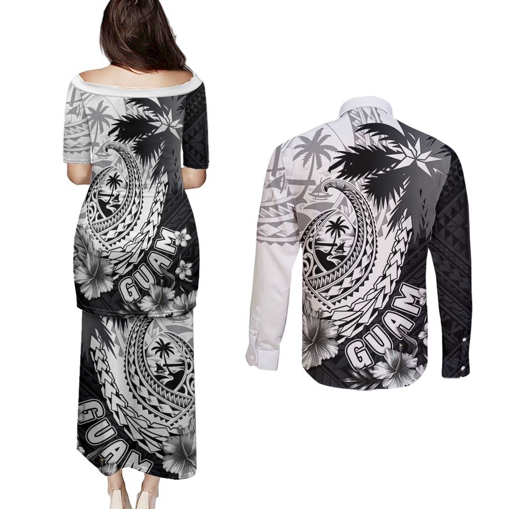 Hafa Adai Guam Couples Matching Puletasi and Long Sleeve Button Shirt Polynesian Palm Tree Tattoo Hibiscus and Plumeria Art LT03 - Polynesian Pride