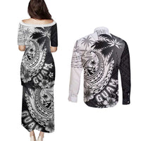 Hafa Adai Guam Couples Matching Puletasi and Long Sleeve Button Shirt Polynesian Palm Tree Tattoo Hibiscus and Plumeria Art LT03 - Polynesian Pride