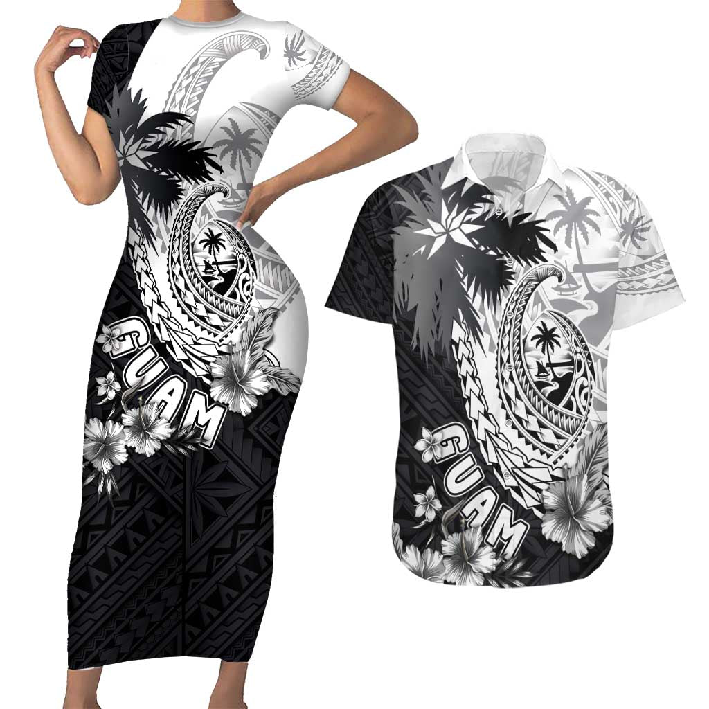 Hafa Adai Guam Couples Matching Short Sleeve Bodycon Dress and Hawaiian Shirt Polynesian Palm Tree Tattoo Hibiscus and Plumeria Art LT03 Black - Polynesian Pride