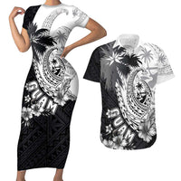 Hafa Adai Guam Couples Matching Short Sleeve Bodycon Dress and Hawaiian Shirt Polynesian Palm Tree Tattoo Hibiscus and Plumeria Art LT03 Black - Polynesian Pride