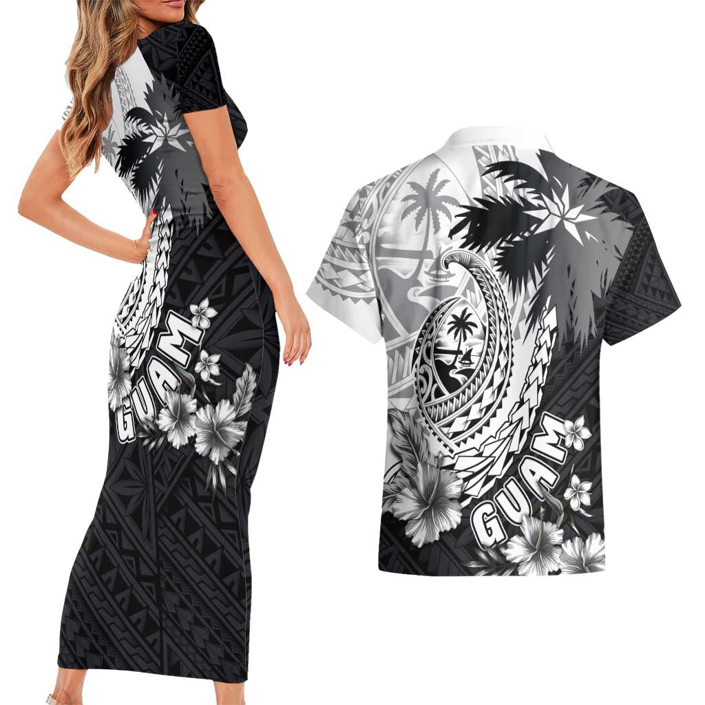 Hafa Adai Guam Couples Matching Short Sleeve Bodycon Dress and Hawaiian Shirt Polynesian Palm Tree Tattoo Hibiscus and Plumeria Art LT03 - Polynesian Pride