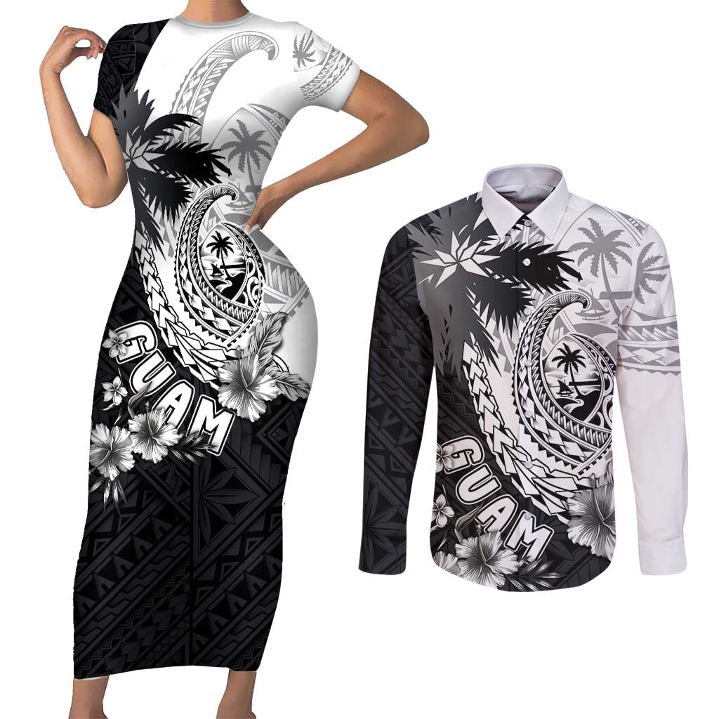 Hafa Adai Guam Couples Matching Short Sleeve Bodycon Dress and Long Sleeve Button Shirt Polynesian Palm Tree Tattoo Hibiscus and Plumeria Art LT03 Black - Polynesian Pride