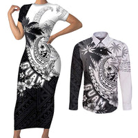 Hafa Adai Guam Couples Matching Short Sleeve Bodycon Dress and Long Sleeve Button Shirt Polynesian Palm Tree Tattoo Hibiscus and Plumeria Art LT03 Black - Polynesian Pride