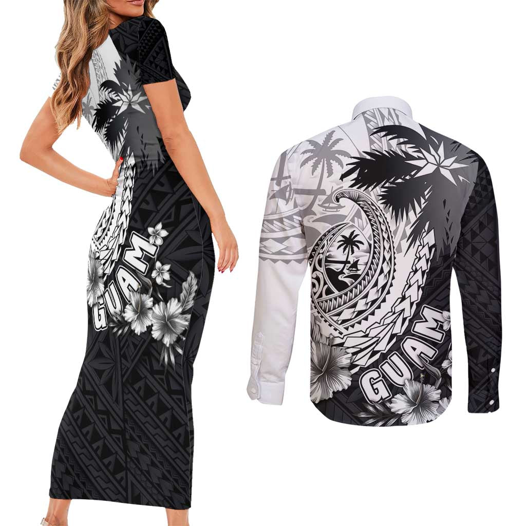 Hafa Adai Guam Couples Matching Short Sleeve Bodycon Dress and Long Sleeve Button Shirt Polynesian Palm Tree Tattoo Hibiscus and Plumeria Art LT03 - Polynesian Pride