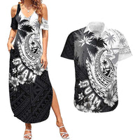 Hafa Adai Guam Couples Matching Summer Maxi Dress and Hawaiian Shirt Polynesian Palm Tree Tattoo Hibiscus and Plumeria Art LT03 Black - Polynesian Pride