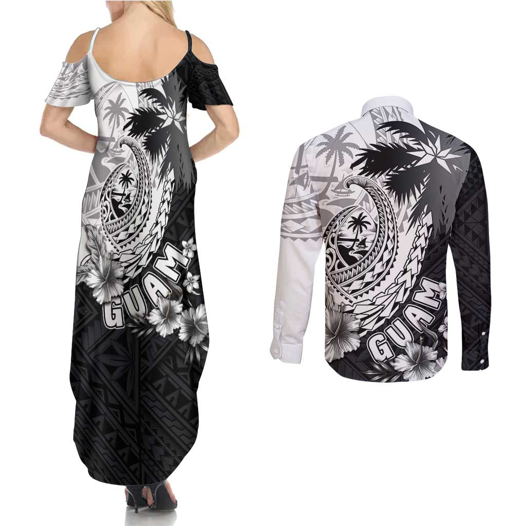 Hafa Adai Guam Couples Matching Summer Maxi Dress and Long Sleeve Button Shirt Polynesian Palm Tree Tattoo Hibiscus and Plumeria Art LT03 - Polynesian Pride