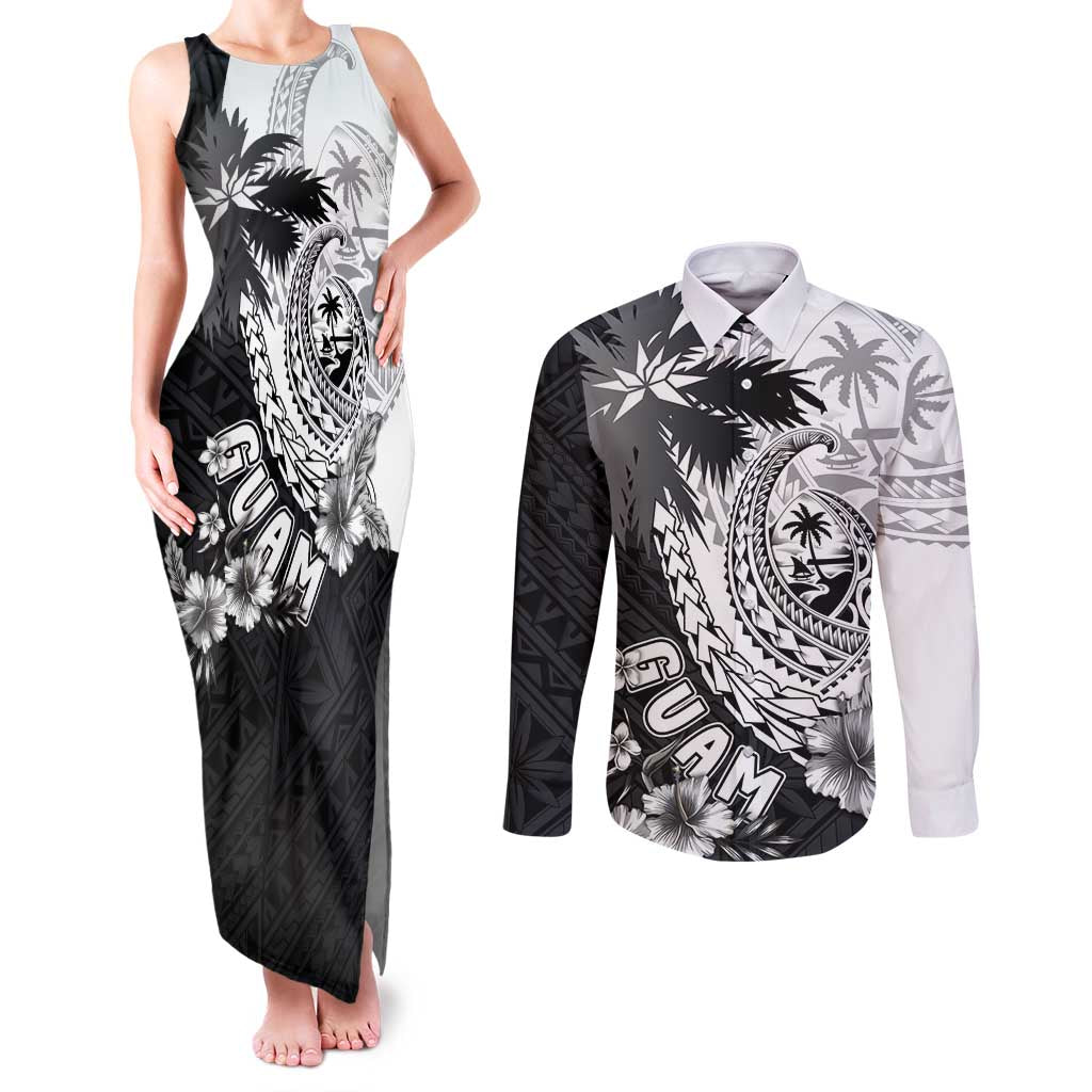 Hafa Adai Guam Couples Matching Tank Maxi Dress and Long Sleeve Button Shirt Polynesian Palm Tree Tattoo Hibiscus and Plumeria Art LT03 Black - Polynesian Pride