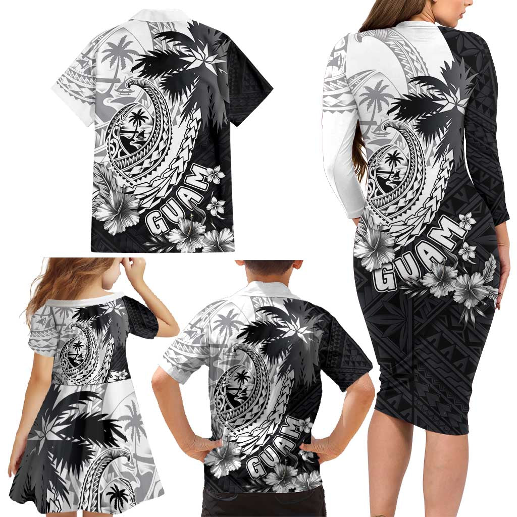 Hafa Adai Guam Family Matching Long Sleeve Bodycon Dress and Hawaiian Shirt Polynesian Palm Tree Tattoo Hibiscus and Plumeria Art LT03 - Polynesian Pride