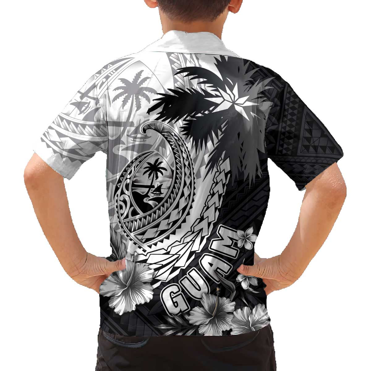 Hafa Adai Guam Family Matching Off The Shoulder Long Sleeve Dress and Hawaiian Shirt Polynesian Palm Tree Tattoo Hibiscus and Plumeria Art LT03 - Polynesian Pride