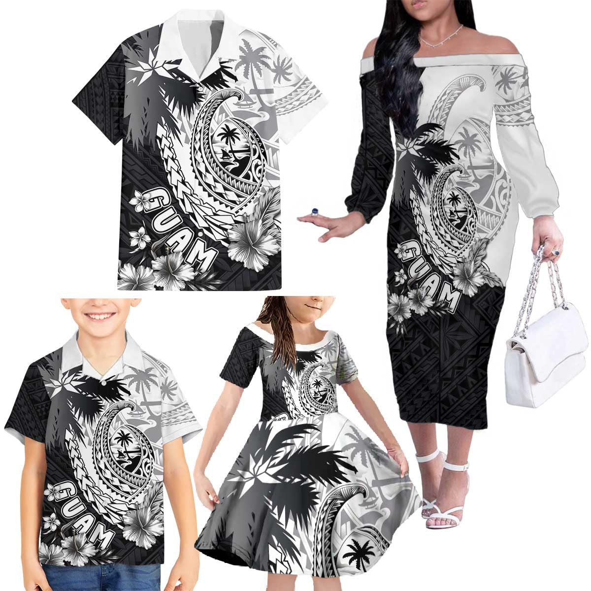 Hafa Adai Guam Family Matching Off The Shoulder Long Sleeve Dress and Hawaiian Shirt Polynesian Palm Tree Tattoo Hibiscus and Plumeria Art LT03 - Polynesian Pride