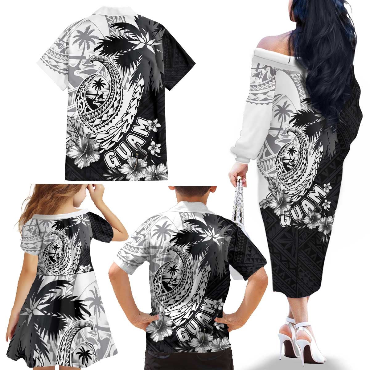 Hafa Adai Guam Family Matching Off The Shoulder Long Sleeve Dress and Hawaiian Shirt Polynesian Palm Tree Tattoo Hibiscus and Plumeria Art LT03 - Polynesian Pride