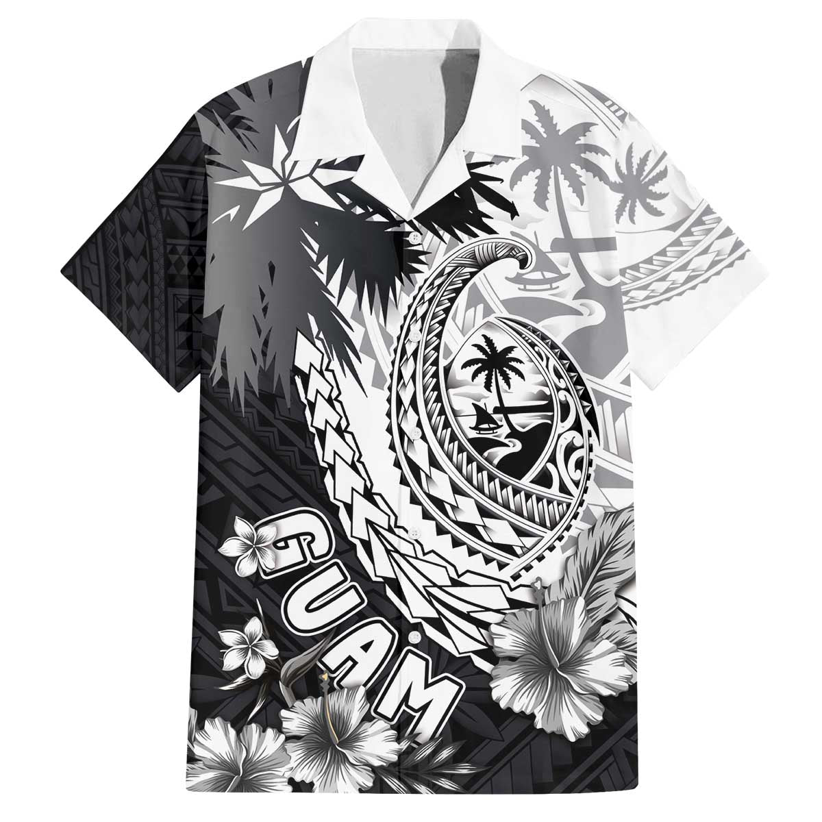 Hafa Adai Guam Family Matching Off The Shoulder Long Sleeve Dress and Hawaiian Shirt Polynesian Palm Tree Tattoo Hibiscus and Plumeria Art LT03 Dad's Shirt - Short Sleeve Black - Polynesian Pride