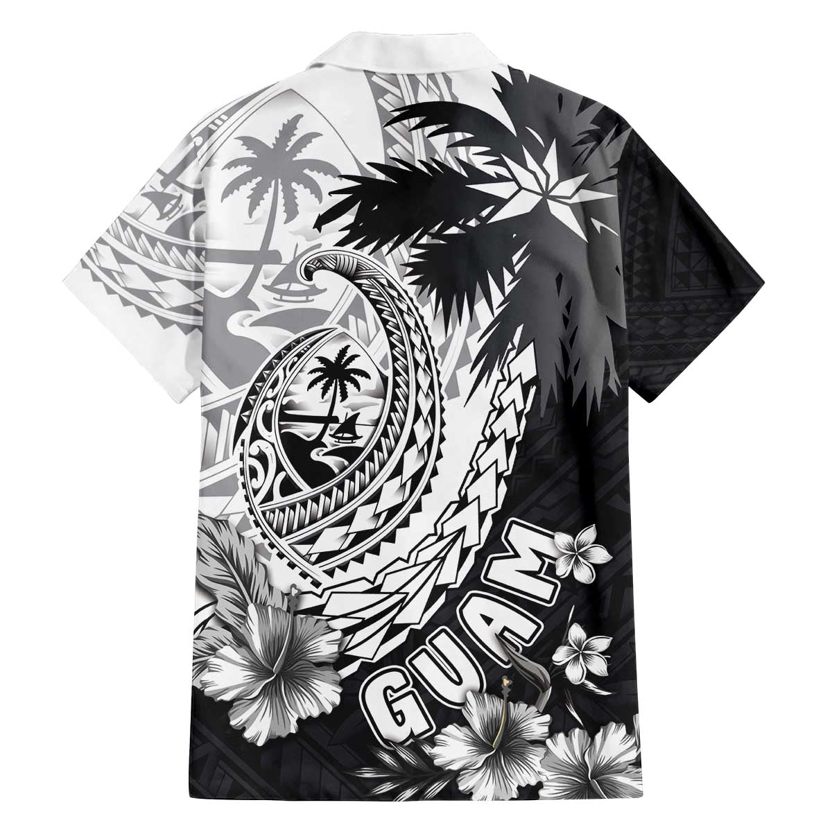 Hafa Adai Guam Family Matching Off The Shoulder Long Sleeve Dress and Hawaiian Shirt Polynesian Palm Tree Tattoo Hibiscus and Plumeria Art LT03 - Polynesian Pride