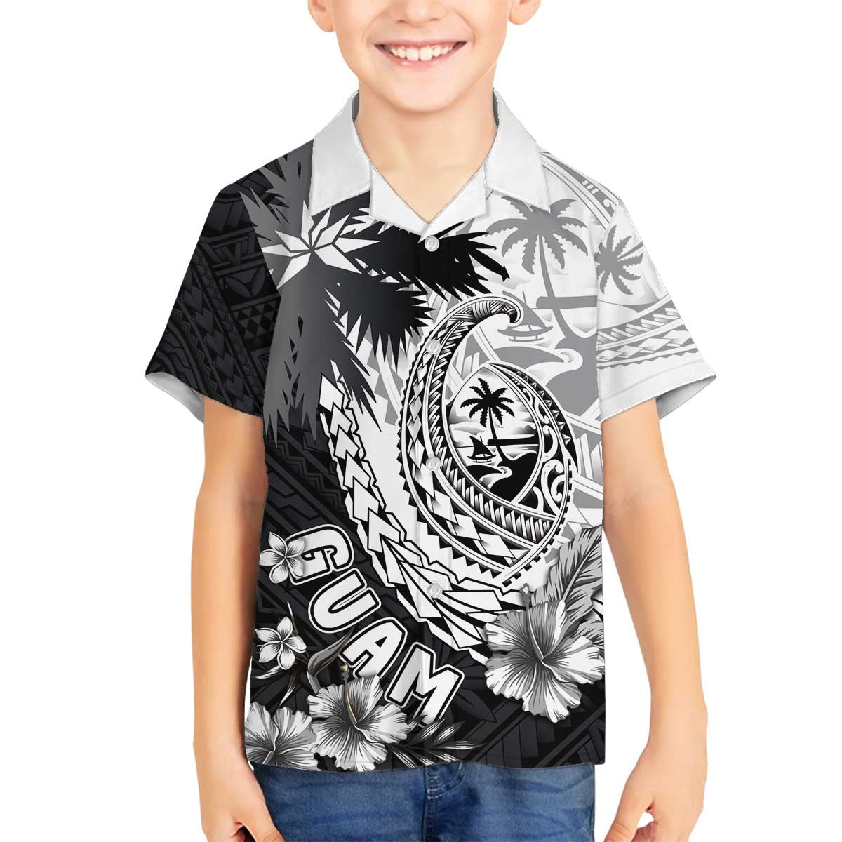 Hafa Adai Guam Family Matching Off The Shoulder Long Sleeve Dress and Hawaiian Shirt Polynesian Palm Tree Tattoo Hibiscus and Plumeria Art LT03 Son's Shirt Black - Polynesian Pride