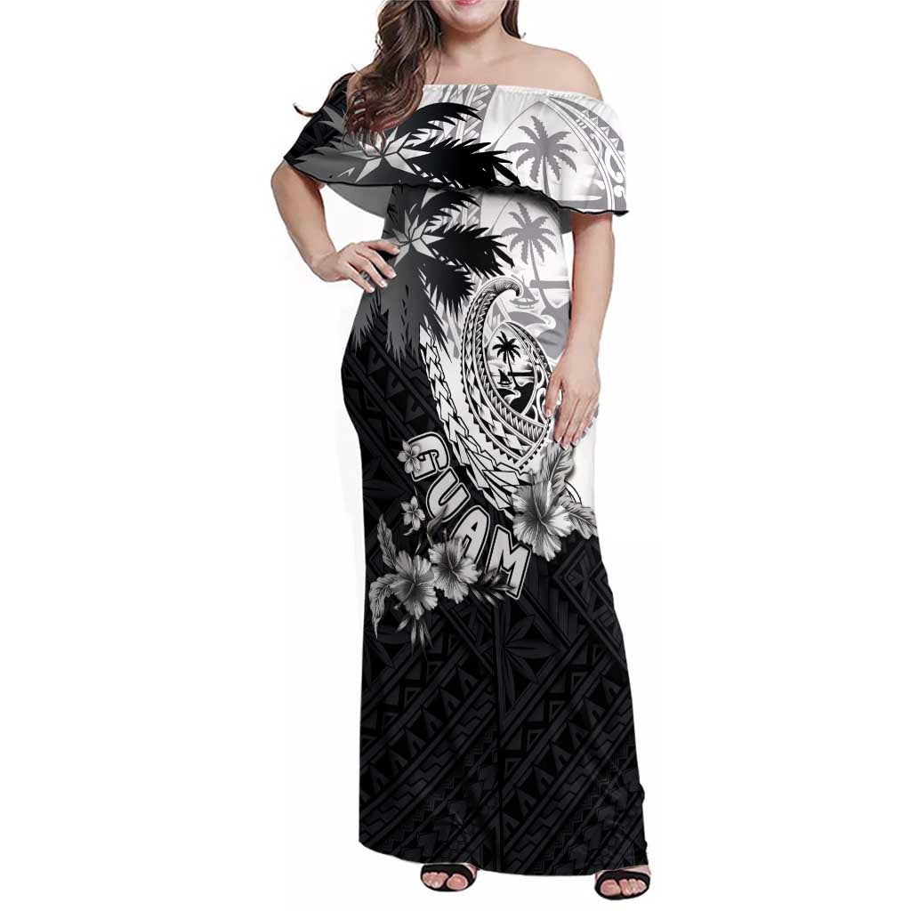 Hafa Adai Guam Family Matching Off Shoulder Maxi Dress and Hawaiian Shirt Polynesian Palm Tree Tattoo Hibiscus and Plumeria Art LT03 Mom's Dress Black - Polynesian Pride