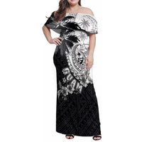 Hafa Adai Guam Family Matching Off Shoulder Maxi Dress and Hawaiian Shirt Polynesian Palm Tree Tattoo Hibiscus and Plumeria Art LT03 Mom's Dress Black - Polynesian Pride