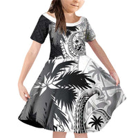 Hafa Adai Guam Family Matching Off Shoulder Short Dress and Hawaiian Shirt Polynesian Palm Tree Tattoo Hibiscus and Plumeria Art LT03 Daughter's Dress Black - Polynesian Pride