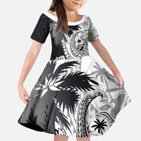 Hafa Adai Guam Family Matching Puletasi and Hawaiian Shirt Polynesian Palm Tree Tattoo Hibiscus and Plumeria Art LT03 Daughter's Dress Black - Polynesian Pride