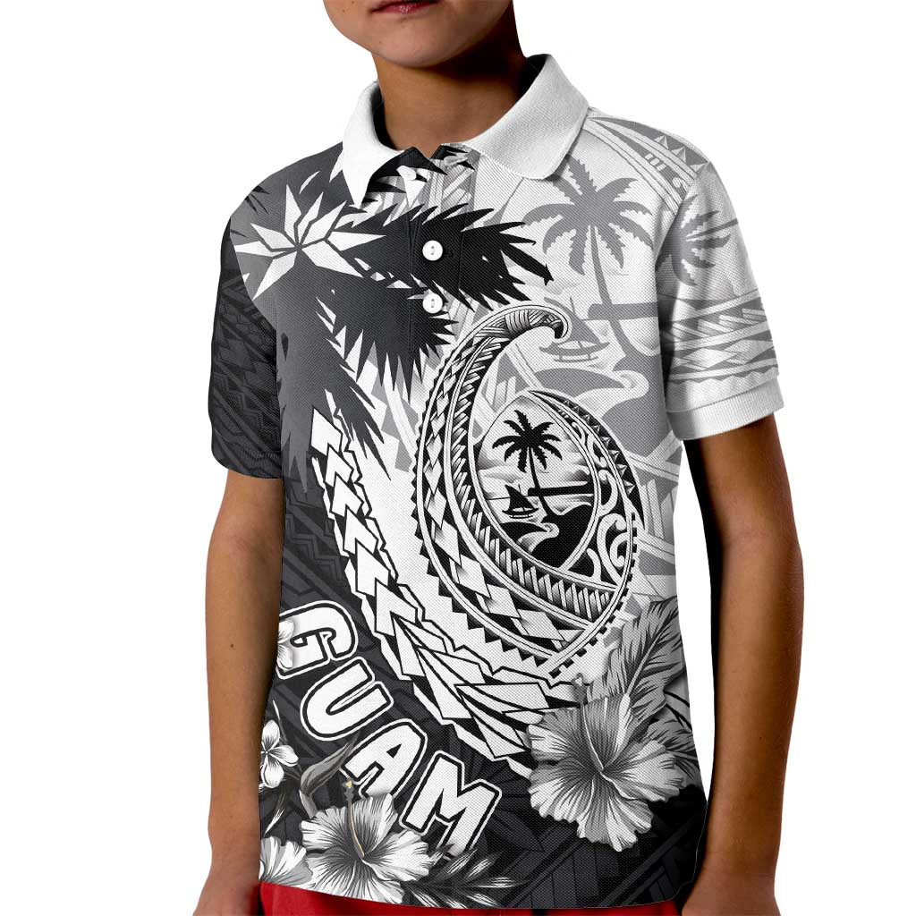 Hafa Adai Guam Kid Polo Shirt Polynesian Palm Tree Tattoo Hibiscus and Plumeria Art LT03 Kid Black - Polynesian Pride
