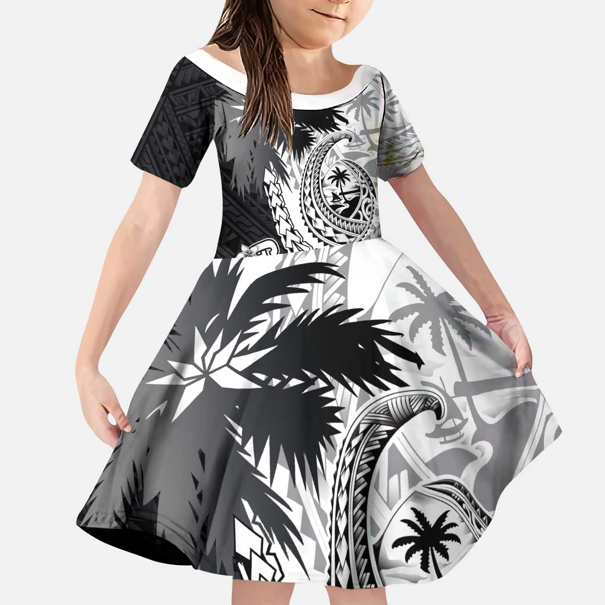 Hafa Adai Guam Kid Short Sleeve Dress Polynesian Palm Tree Tattoo Hibiscus and Plumeria Art LT03 KID Black - Polynesian Pride