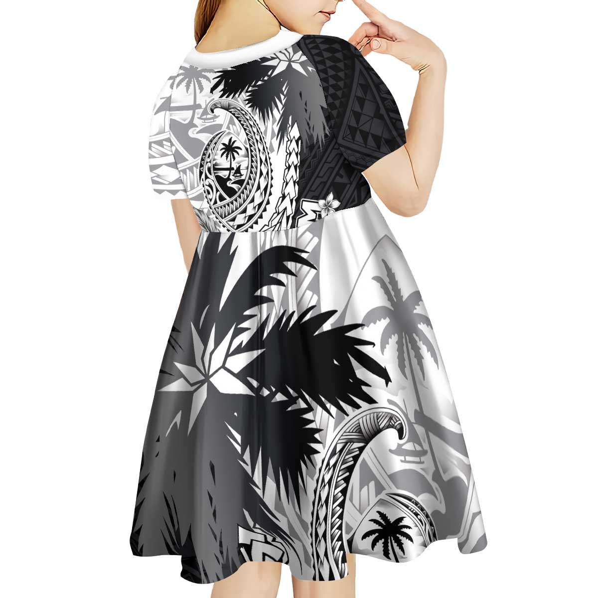 Hafa Adai Guam Kid Short Sleeve Dress Polynesian Palm Tree Tattoo Hibiscus and Plumeria Art LT03 - Polynesian Pride