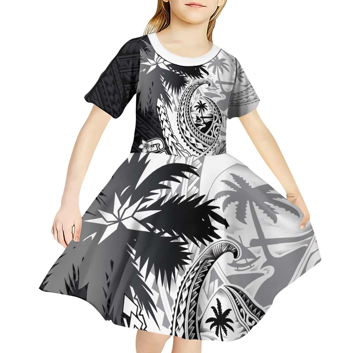 Hafa Adai Guam Kid Short Sleeve Dress Polynesian Palm Tree Tattoo Hibiscus and Plumeria Art LT03 - Polynesian Pride