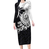 Hafa Adai Guam Long Sleeve Bodycon Dress Polynesian Palm Tree Tattoo Hibiscus and Plumeria Art LT03 Long Dress Black - Polynesian Pride