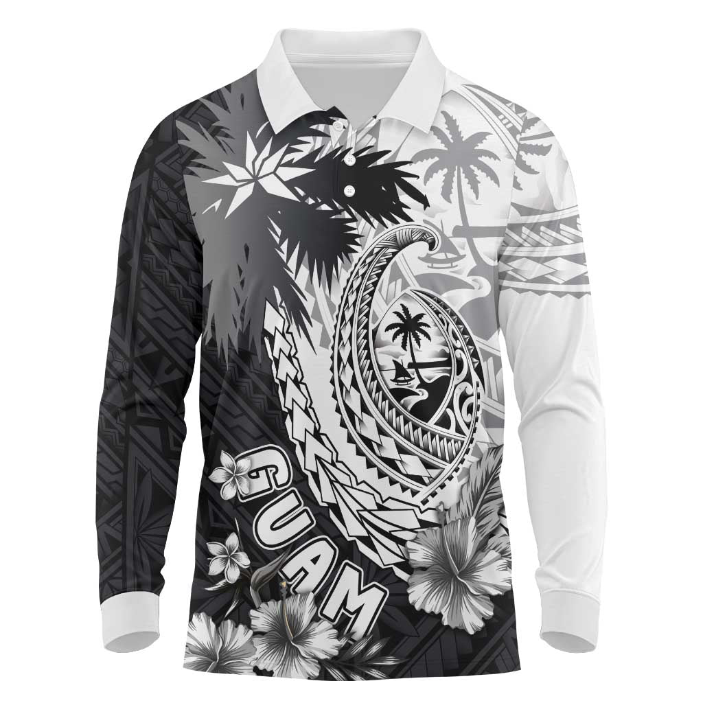 Hafa Adai Guam Long Sleeve Polo Shirt Polynesian Palm Tree Tattoo Hibiscus and Plumeria Art LT03 Black - Polynesian Pride