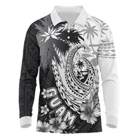Hafa Adai Guam Long Sleeve Polo Shirt Polynesian Palm Tree Tattoo Hibiscus and Plumeria Art LT03 Black - Polynesian Pride