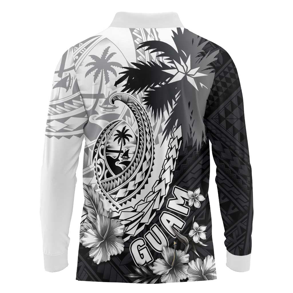 Hafa Adai Guam Long Sleeve Polo Shirt Polynesian Palm Tree Tattoo Hibiscus and Plumeria Art LT03 - Polynesian Pride