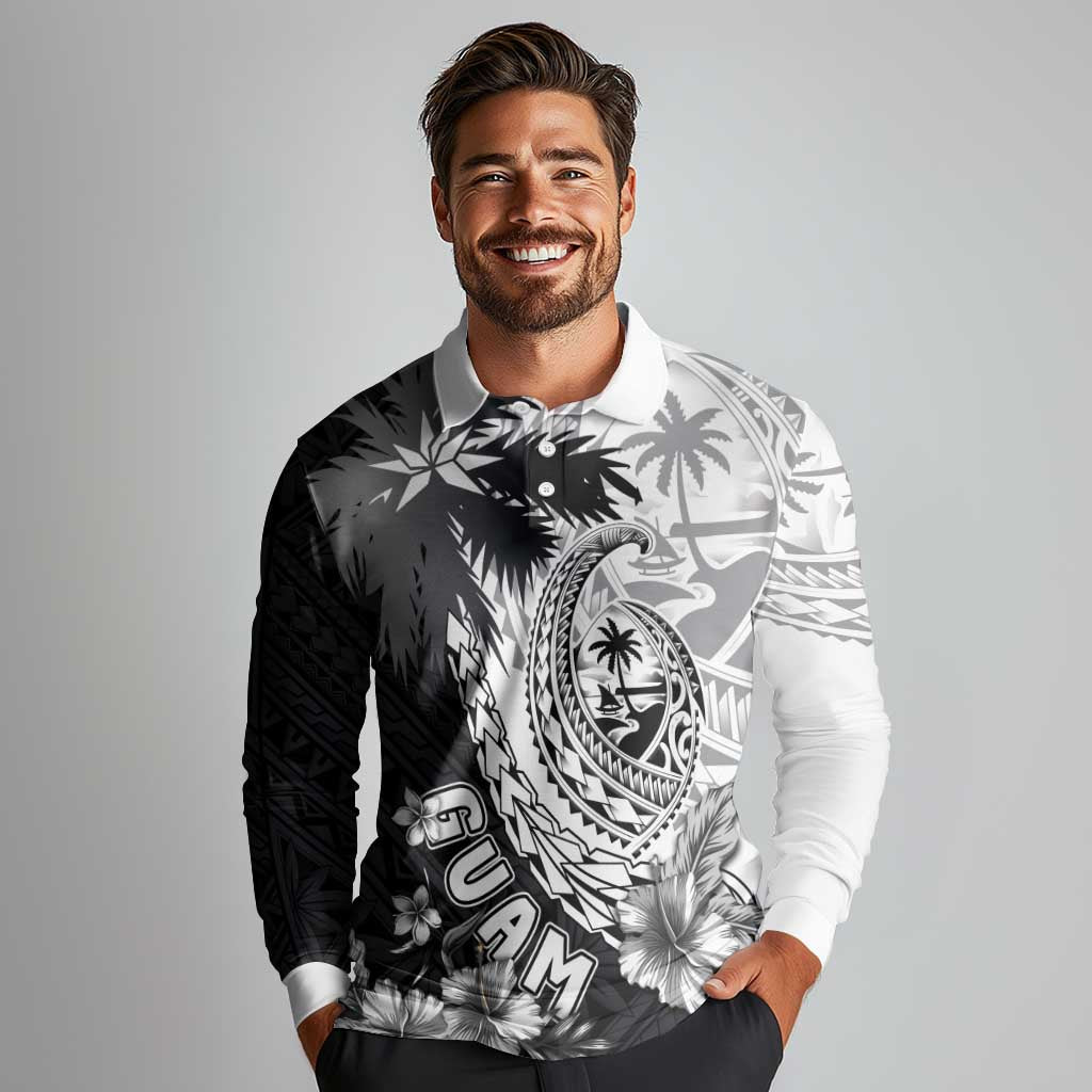 Hafa Adai Guam Long Sleeve Polo Shirt Polynesian Palm Tree Tattoo Hibiscus and Plumeria Art LT03 - Polynesian Pride