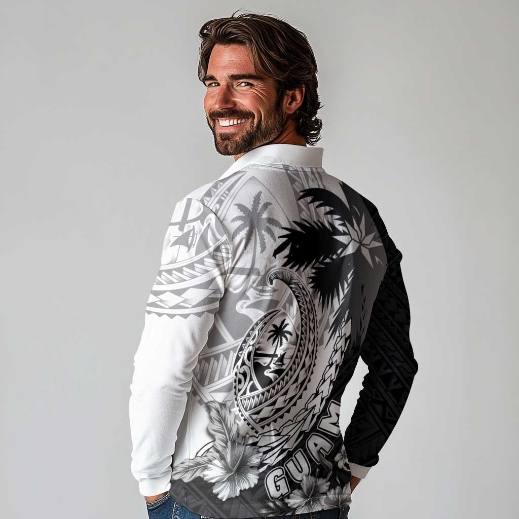 Hafa Adai Guam Long Sleeve Polo Shirt Polynesian Palm Tree Tattoo Hibiscus and Plumeria Art LT03 - Polynesian Pride