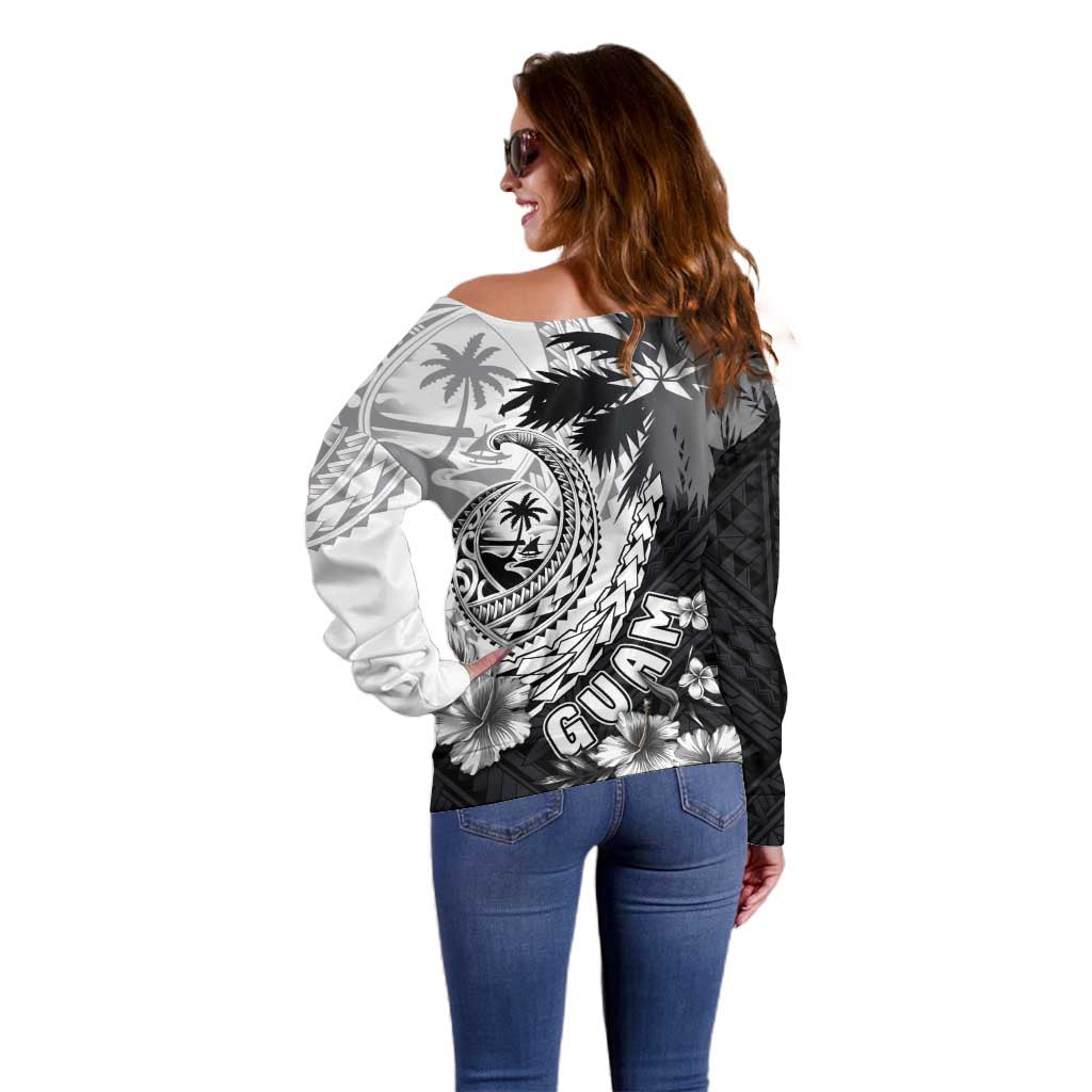 Hafa Adai Guam Off Shoulder Sweater Polynesian Palm Tree Tattoo Hibiscus and Plumeria Art