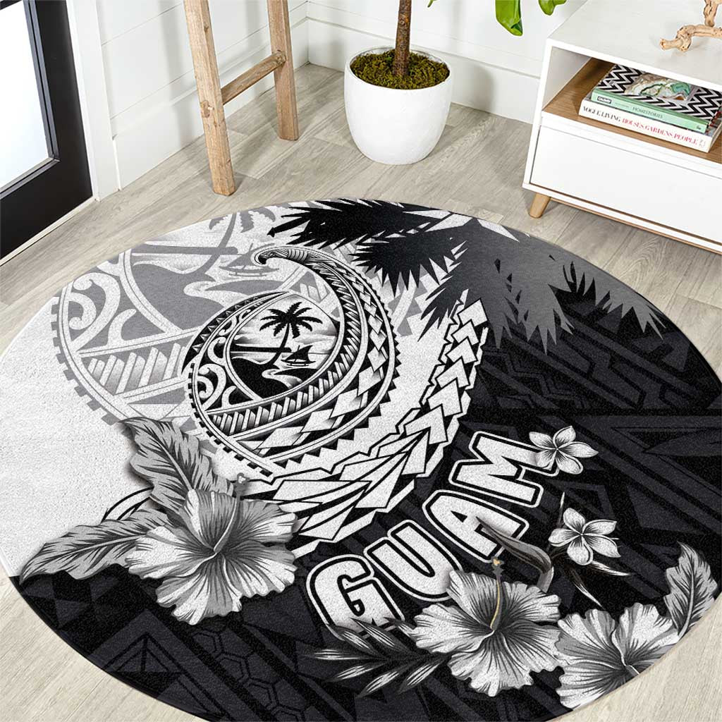 Hafa Adai Guam Round Carpet Polynesian Palm Tree Tattoo Hibiscus and Plumeria Art LT03 Black - Polynesian Pride