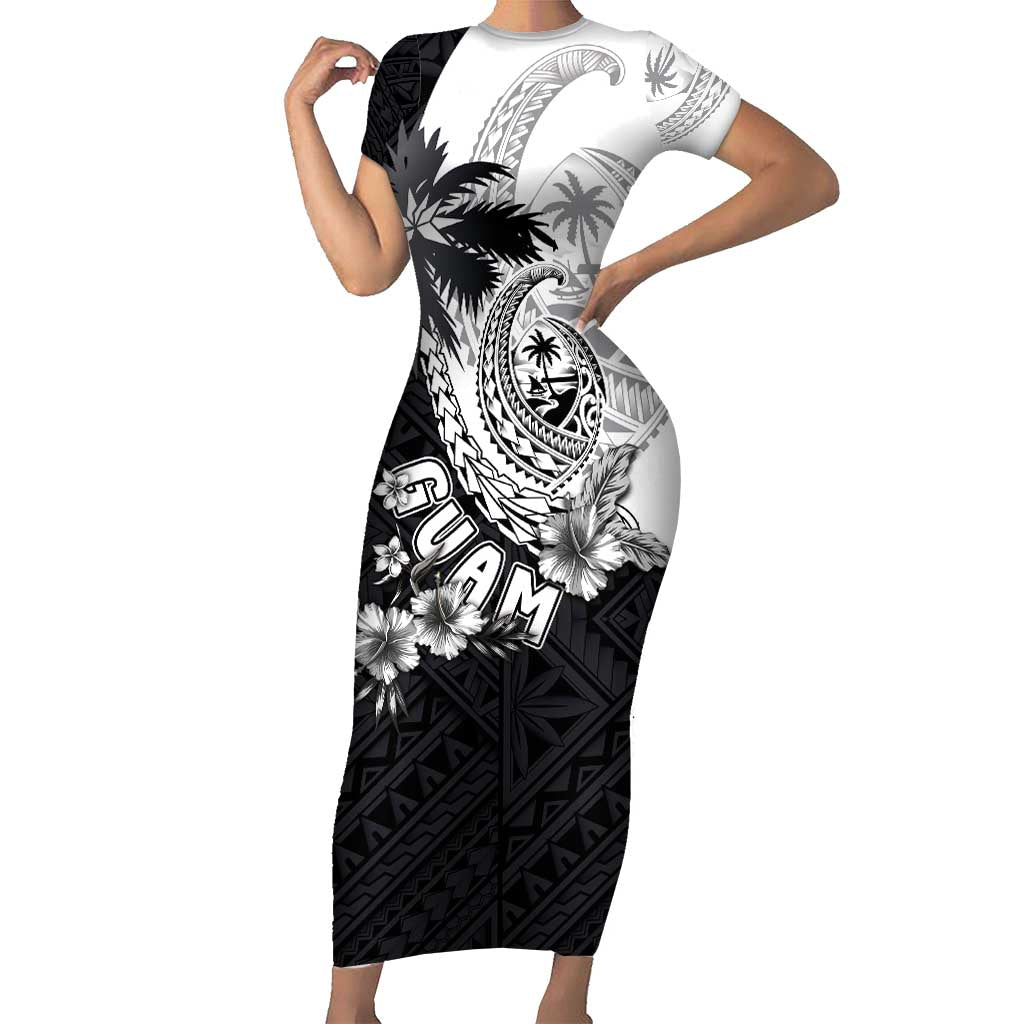 Hafa Adai Guam Short Sleeve Bodycon Dress Polynesian Palm Tree Tattoo Hibiscus and Plumeria Art LT03 Long Dress Black - Polynesian Pride